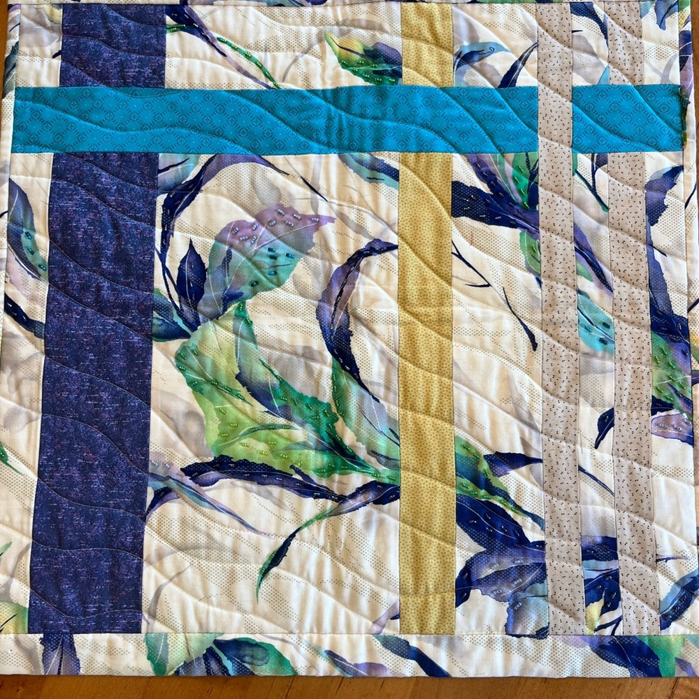 Floral Patchwork art piece Quilted with cotton and hand beaded wall hanging